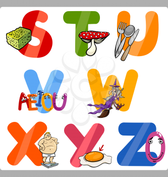 Cartoon Illustration of Funny Capital Letters Alphabet with Objects for Reading and Writing Education for Children from S to Z