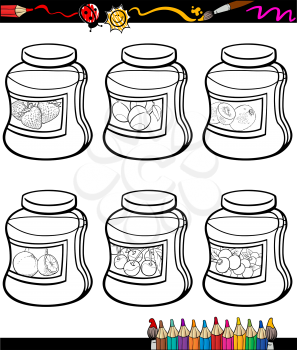 Coloring Book or Page Cartoon Illustration of Color and Black and White Fruit Jams in Jars Set for Children
