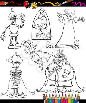 Coloring Book or Page Cartoon Illustration of Color and Black and White Fantasy or Fairy Tale Characters for Children