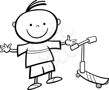 Black and White Cartoon Illustration of Cute Little Boy with Scooter for Coloring Book