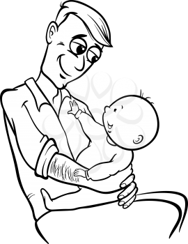Black and White Cartoon Illustration of Father with his Cute Baby for Coloring Book