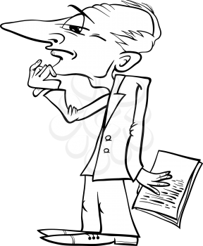Black and White Cartoon Illustration of Thinking Man or Businessman or Scientist Caricature