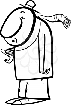 Black and White Cartoon Illustration of Man Looking at his Watch for Coloring Book