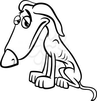 Black and White Cartoon Illustration of Poor Sad Homeless Dog for Coloring Book