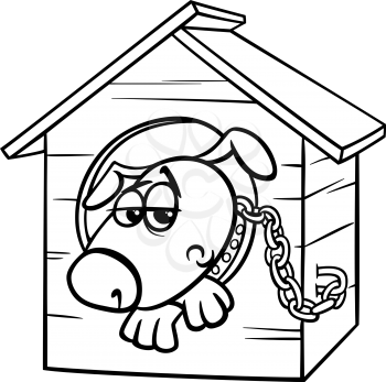 Black and White Cartoon Illustration of Poor Sad Dog in the Kennel for Coloring Book