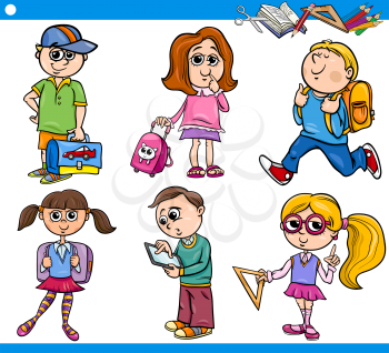 Cartoon Illustration of Primary School Students or Pupils Boys and Girls Children Characters Set