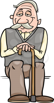 Cartoon Illustration of Elder Man Senior or Grandfather with Cane