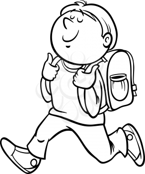 Black and White Cartoon Illustration of Primary School Student Boy with Knapsack for Coloring Book