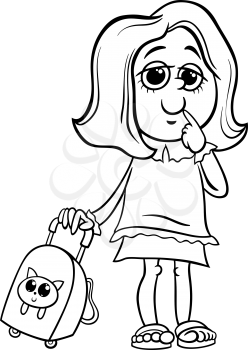 Black and White Cartoon Illustration of Primary School Student Girl with Pack for Coloring Book