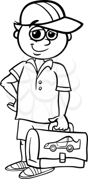 Black and White Cartoon Illustration of Elementary School Student Boy with Pack for Coloring Book