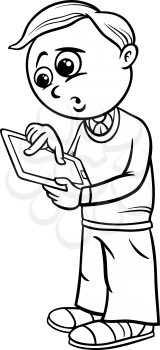 Black and White Cartoon Illustration of Elementary School Student Boy with Tablet PC for Coloring Book