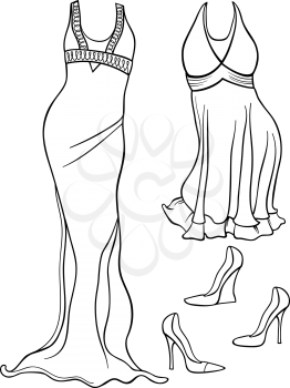 Black and White Cartoon Illustration of Women Evening Dresses and Shoes Objects Set for Coloring Book
