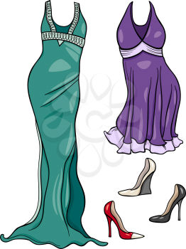 Cartoon Illustration of Women Evening Dresses and Shoes Objects Set