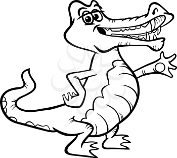 Black and White Cartoon Illustration of Funny Crocodile or Alligator Reptile Animal for Coloring Book