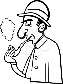 Black and White Cartoon Illustration of Retro Detective Smoking a Pipe for Coloring Book