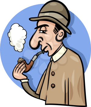 Cartoon Illustration of Retro Detective Smoking a Pipe