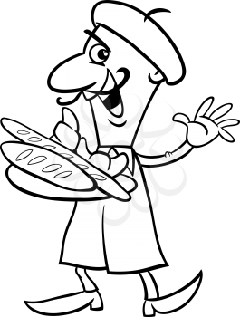 Black and White Cartoon Illustration of Funny French Baker or Cook with Croissant and Bread for Coloring Book