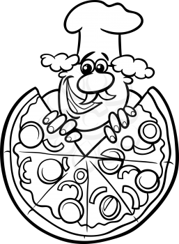 Black and White Cartoon Illustration of Italian Cook or Chef with Big Pizza for Coloring Book