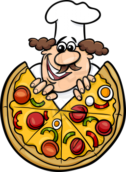 Cartoon Illustration of Italian Cook or Chef with Big Pizza