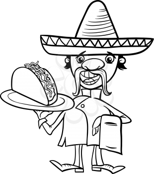 Black and White Cartoon Illustration of Funny Mexican Chef or Waiter with Taco for Coloring Book