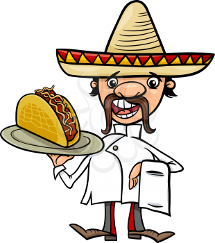 Cartoon Illustration of Funny Mexican Chef or Waiter with Taco
