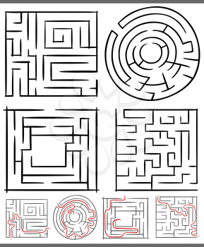 Set of Mazes or Labyrinths Graphic Diagrams for Children Education