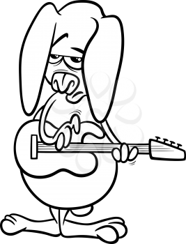 Black and White Cartoon Illustration of Funny Bunny Playing Rock on Bass Electric Guitar for Coloring Book
