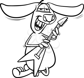 Black and White Cartoon Illustration of Funny Bunny Playing Rock on Electric Guitar for Coloring Book