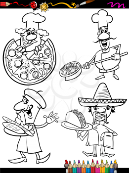 Coloring Book or Page Cartoon Illustration of Black and White Chefs Characters with National Food for Children