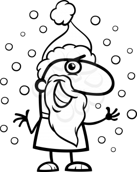 Black and White Cartoon Illustration of Santa Claus Character on Christmas and Snow for Coloring Book