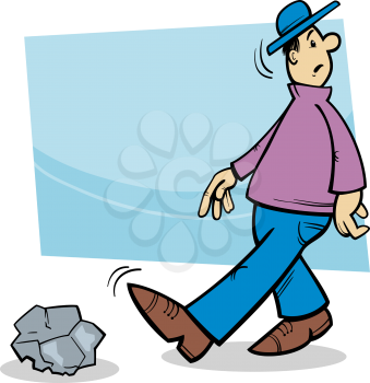 Cartoon Illustration of Funny Inattentive Man Going to Stumble on a Stone