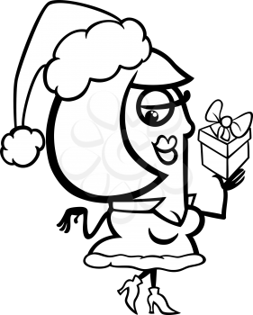 Black and White Cartoon Illustration of Cute Woman Santa Claus Character with Christmas Present for Coloring Book