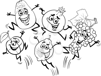 Black and White Cartoon Illustration of Happy Jumping Fruits Food Characters for Coloring Book