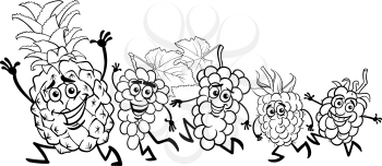 Black and White Cartoon Illustration of Running Fruits Food Characters for Coloring Book