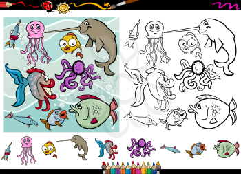 Cartoon Illustrations of Funny Sea Life Animals Characters Group for Coloring Book with Elements Set