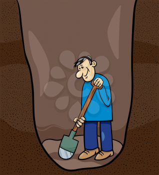 Cartoon Illustration of Funny Man Digging a Big Hole