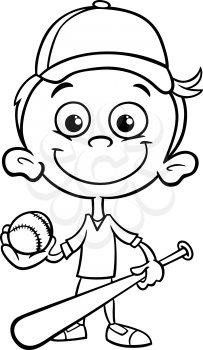 Black and White Cartoon Illustration of Funny Boy Baseball Player with Bat and Ball for Coloring Book