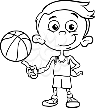 Black and White Cartoon Illustration of Funny Boy Basketball Player with Ball for Coloring Book