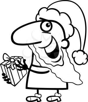 Black and White Cartoon Illustration of Funny Santa Claus Character with Christmas Present for Coloring Book