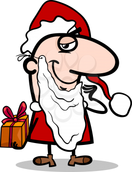 Cartoon Illustration of Funny Santa Claus Character with Christmas Gift