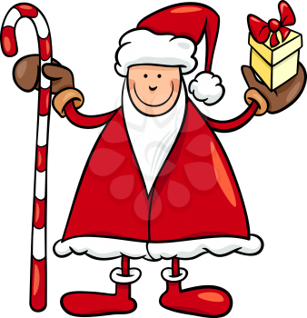 Cartoon Illustration of Santa Claus Character with Cane and Christmas Present