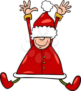 Cartoon Illustration of Happy Jumping Santa Claus or Elf Character