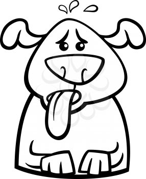 Black and White Cartoon Illustration of Funny Dog Breathing because of Heat for Coloring Book