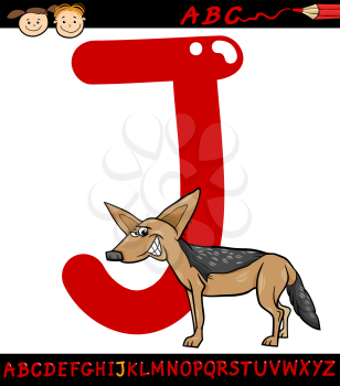 Cartoon Illustration of Capital Letter J from Alphabet with Jackal Animal for Children Education