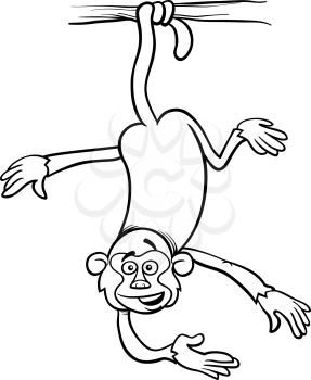 Black and White Cartoon Illustration of Funny Monkey on the Branch on Tail for Coloring Book