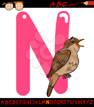 Cartoon Illustration of Capital Letter N from Alphabet with Nightingale Bird Animal for Children Education