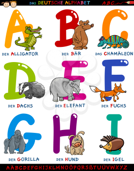 Cartoon Illustration of Colorful German or Deutsch Alphabet Set with Funny Animals from Letter A to I