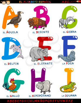 Cartoon Illustration of Colorful Spanish Alphabet or Alfabeto Espanol Set with Funny Animals from Letter A to I