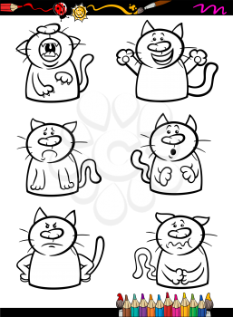 Coloring Book or Page Cartoon Illustration of Black and White Funny Cats Expressing Emotions Set for Children