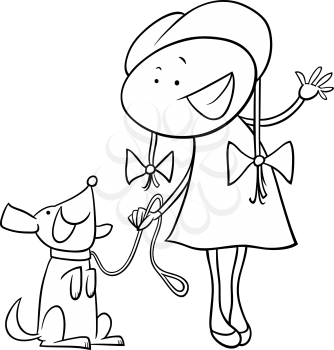 Black and White Cartoon Illustration of Cute Little Girl with Dog for Coloring Book